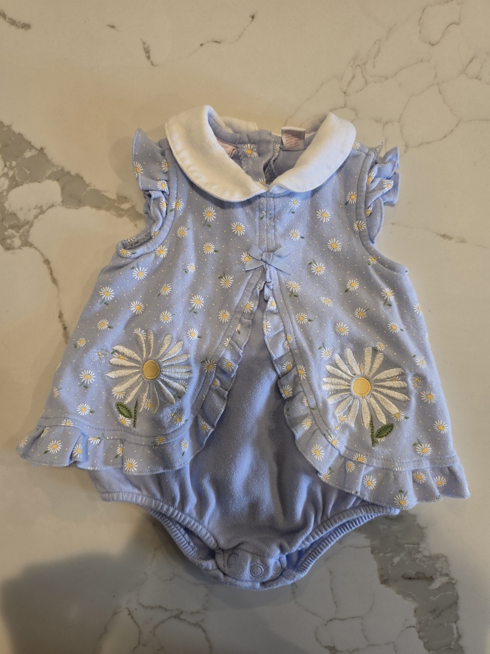 First Impressions Light Blue Daisy Embroidered Romper with White Collar